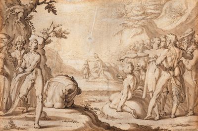 an image of a drawing of a group of naked men in a wooded area