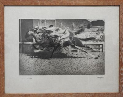 une vieille photo représentant un cheval et son jockey lors d'une course