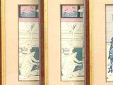 three framed paintings of people in a room with a cat