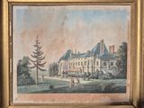 an old painting of a large building in the middle of a park