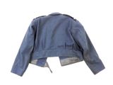 the jacket is blue and has a zipper on the back of it