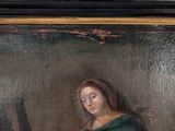 an oil painting of a woman holding a knife in her right hand
