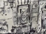 un dessin en noir et blanc représentant une pièce avec une horloge