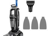 un aspirateur noir et bleu équipé de quatre embouts différents