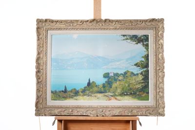 a picture of a painting on a easel on a white background