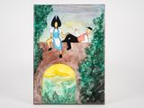 a picture of a painting of a woman and two children sitting on a bridge