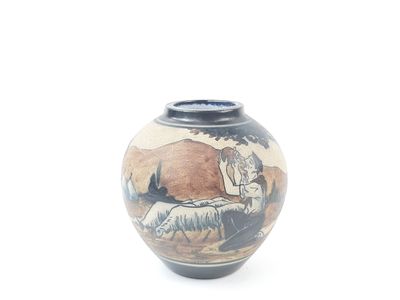 a vase with a picture of a man and a dog on it