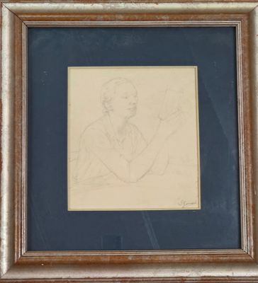 a drawing of a man in a suit sitting in front of a wall