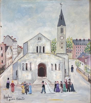 tableau représentant une église devant laquelle passent des gens