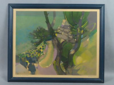 tableau représentant une girafe dans un arbre, dans un cadre bleu