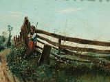 a painting of a woman leaning against a fence