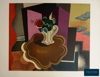 une photo d'un tableau représentant un vase avec des fleurs posé sur une table
