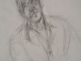a drawing of a man in a shirt and tie sitting down