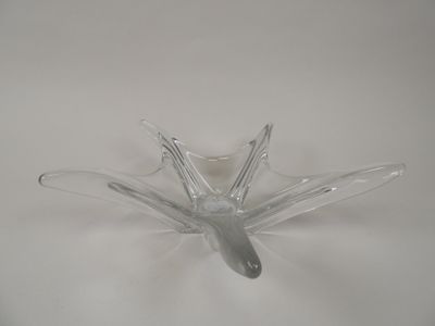 un objet en verre transparent en forme de fleur posé sur une surface blanche