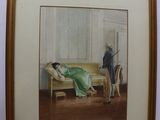 painting of a woman in a green dress leaning against a wall