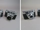 three pictures of a couple of old cameras sitting on top of a table