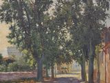 an image of a painting of a road with trees on both sides of it