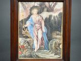 a painting of a woman in a landscape with a bird in her hand