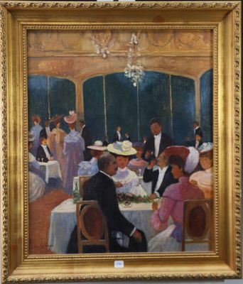 tableau représentant un groupe de personnes assises à une table dans un restaurant