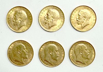 Six SOUVERAINS en or, trois à l'effigie d' Edward VII 1902, 1906, 1909