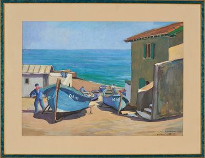un tableau représentant deux bateaux sur la plage, au bord de l'eau