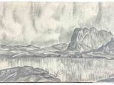 dessin au crayon représentant un paysage de montagne avec un plan d'eau au premier plan