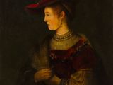 un tableau représentant une femme coiffée d'un chapeau rouge orné de plumes