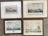 four framed prints of a city and a castle on a wall