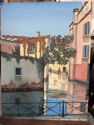 une photo d'un tableau représentant un canal avec des bâtiments en arrière-plan