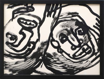 black and white abstract painting of two faces in a black frame