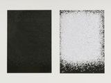 a black and white photograph of two squares of white and black paint