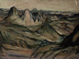 une peinture à l'huile représentant une chaîne de montagnes avec le ciel en arrière-plan
