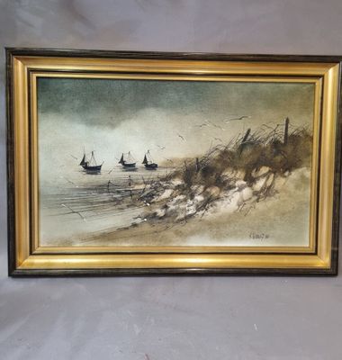 an image of a painting of a beach scene with boats in the water