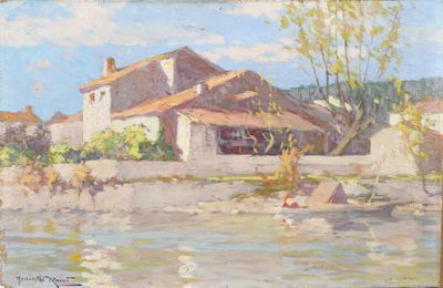 une image d'un tableau représentant une maison au bord de l'eau
