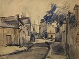 peinture représentant une scène de rue avec des bâtiments et un arbre au loin