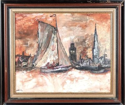 École XXe. "Marine avec port", huile sur toile, signée en ba…