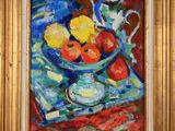 an oil painting of a bowl of fruit on a table