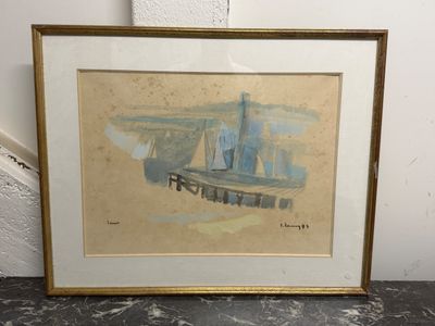 aquarelle encadrée représentant un voilier amarré à un quai