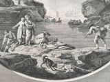 a drawing of a group of people on a rocky shore