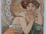 painting of a woman sitting in a chair with her hand on her chin