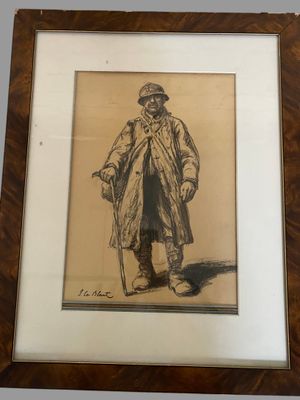 dessin encadré représentant un homme en manteau et chapeau, tenant une canne