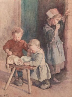a painting of three children playing with a teddy bear