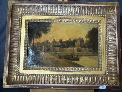 an oil painting of a boat on a river with a bridge in the background