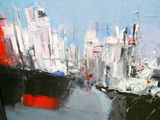 a painting of a cityscape with a boat in the foreground