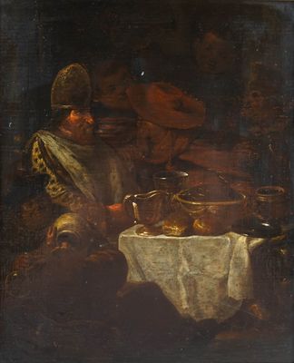 an image of a painting of a man sitting at a table with a plate of food