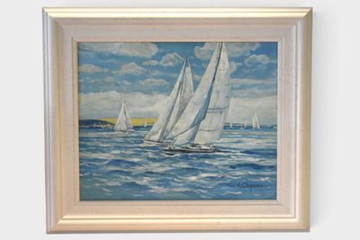 a painting of sailboats sailing in the ocean