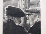 drawing of two men looking at each other with a castle in the background