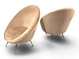 pair of mid - century modern lounge chairs with upholstered cushions and metal legs