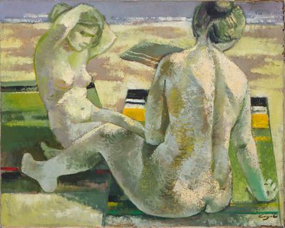 painting of two nudes sitting on a bench in a field