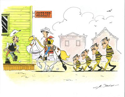 dessin humoristique représentant un groupe d'hommes à cheval devant un bâtiment
